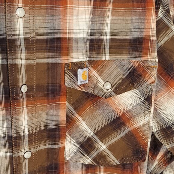 Carhartt Western Pearl Snap Shirt Men's M Brown Plaid Button Up Casual - Picture 3 of 6